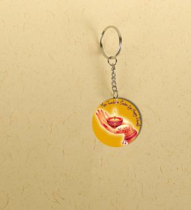 Elegant Hand Holding Diya for Diwali Celebration Printed Round Keychain Pack of 2