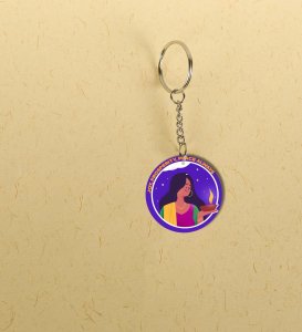Woman with Diya Under Starry Sky Artwork Printed Round Keychain Pack of 2